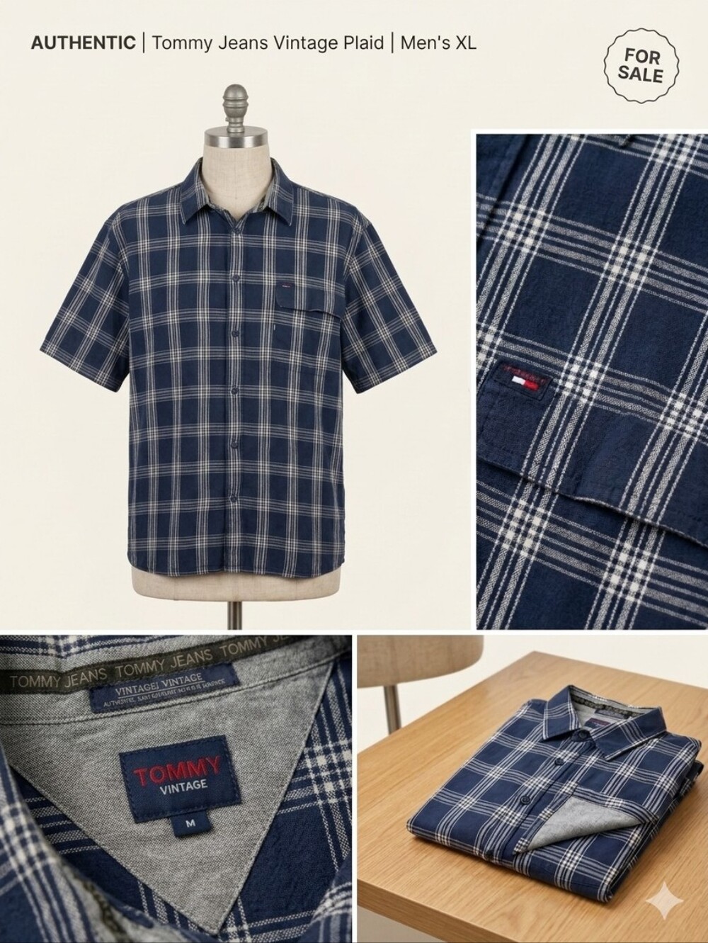 Tommy Hilfiger Navy and White Plaid Short-Sleeve Button-Down Shirt